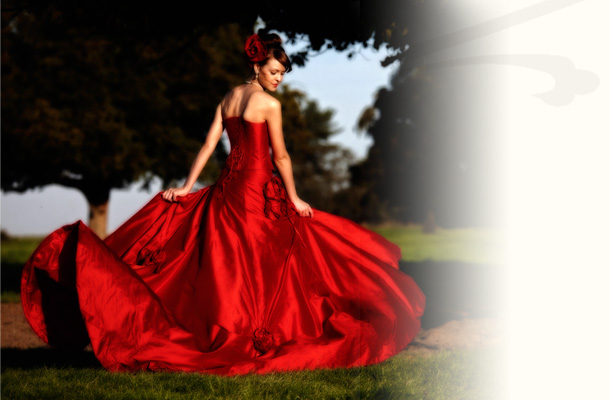 Red silk corseted wedding dress ...